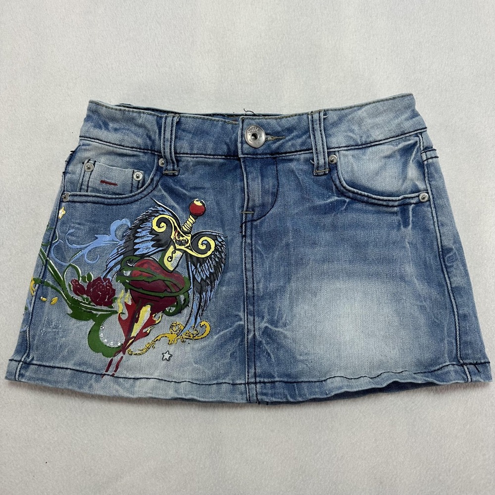 Fishbone Skirt Juniors XS Blue Denim Mini Rockstar Dagger Heart Rose Studded